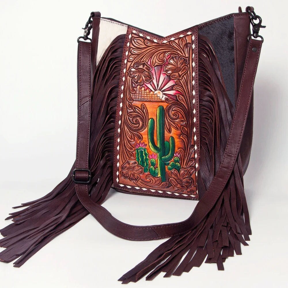 Western Hand Tooled Leather Purse, Conceal Carry Purse, Cowhide Purse, American Darling Purse, Western Crossbody Purse, Leather Fringe