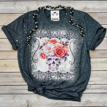 Load image into Gallery viewer, Sugar Skull Floral Bleached Graphic Tee, Soft Womens Graphic Tee, Cotton Blend Tee, Bleached Graphic Tee, Vintage Tee, Funny Tee, Humor Tee
