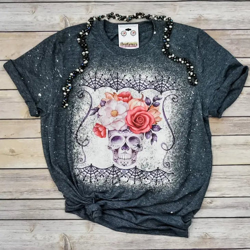 Sugar Skull Floral Bleached Graphic Tee, Soft Womens Graphic Tee, Cotton Blend Tee, Bleached Graphic Tee, Vintage Tee, Funny Tee, Humor Tee