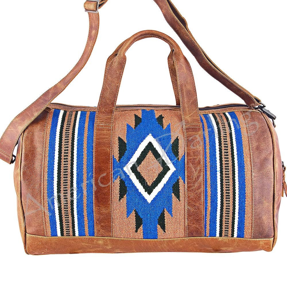 Western Hand Tooled Genuine Leather Aztec Southwest Weekender Duffle Purse, Weekender Travel Duffel, Leather Duffle