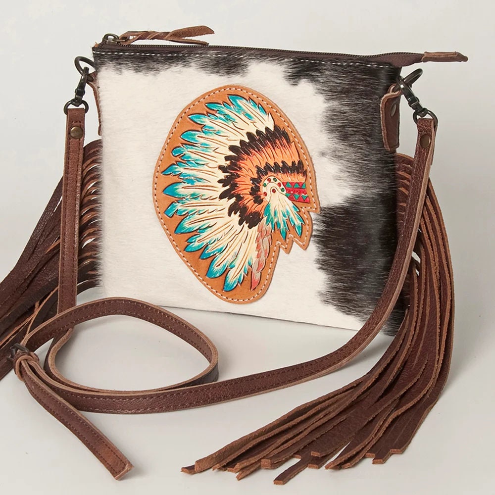 Western Hand Tooled Leather Purse, Concealed Carry Purse, Cowhide Purse, Saddle Blanket Bag, Genuine Cowhide, Western Purse, Leather Fringe
