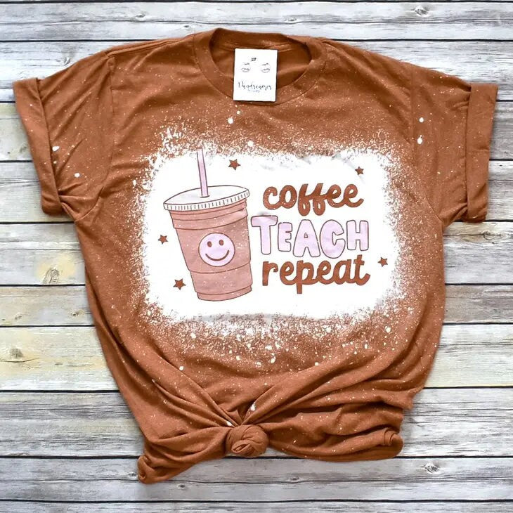 Coffee Teach Repeat Bleached Graphic Tee, Soft Womens Graphic Tee, Cotton Blend Tee, Bleached Graphic Tee, Vintage Tee, Funny Tee, Humor Tee