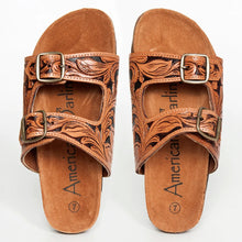 Load image into Gallery viewer, Leather Sandals, Slip On Women Leather Sandals, Hand Tooled Leather Sandals, Strappy Leather Sandals, Buckle Strap Leather Sandals
