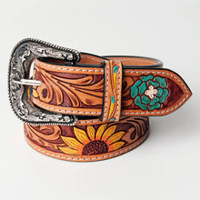 Load image into Gallery viewer, Womens Western Hand Tooled Leather Belt, Rodeo Belt, Embossed Leather Belt, Western Belt, Cowboy Belt, Cowgirl Belt, Studded Handmade Belt
