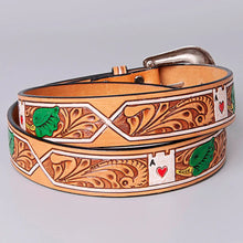 Load image into Gallery viewer, Womens Western Hand Tooled Leather Belt, Rodeo Belt, Embossed Leather Belt, Western Belt, Cowboy Belt, Cowgirl Belt, Studded Handmade Belt
