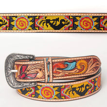 Load image into Gallery viewer, Womens Western Hand Tooled Leather Belt, Rodeo Belt, Embossed Leather Belt, Western Belt, Cowboy Belt, Cowgirl Belt, Beaded Handmade Belt
