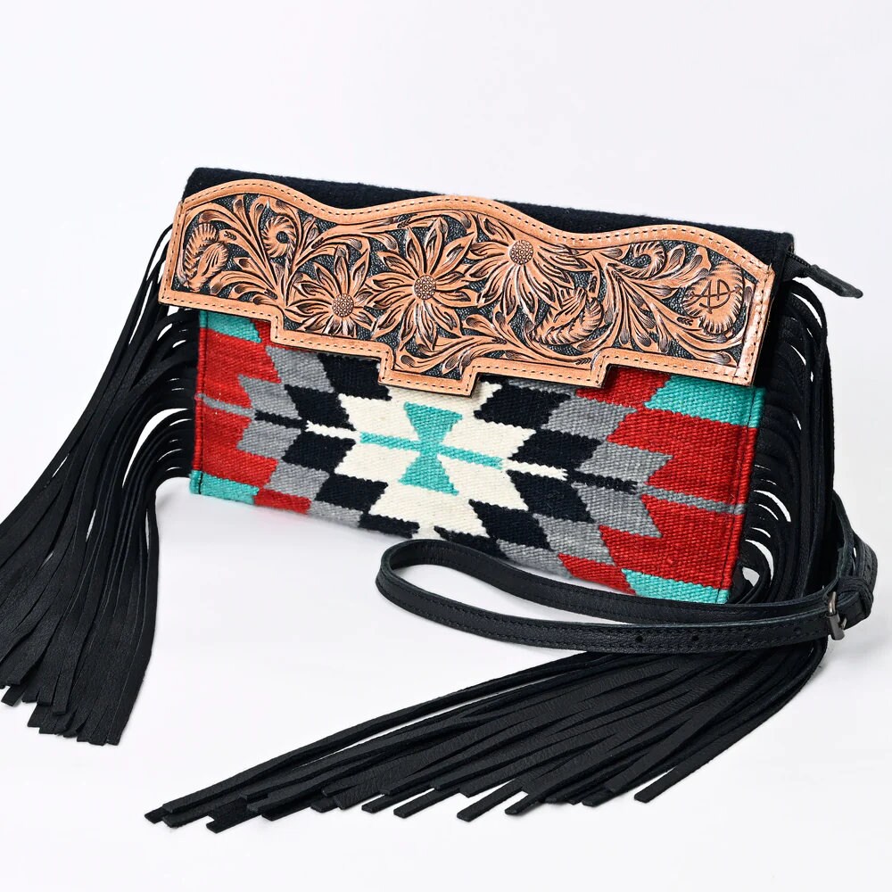 Western Purse, Hand Tooled Leather Purse, Leather Western Crossbody Purse, Cowhide Purse, American Darling Purse, Leather Fringe