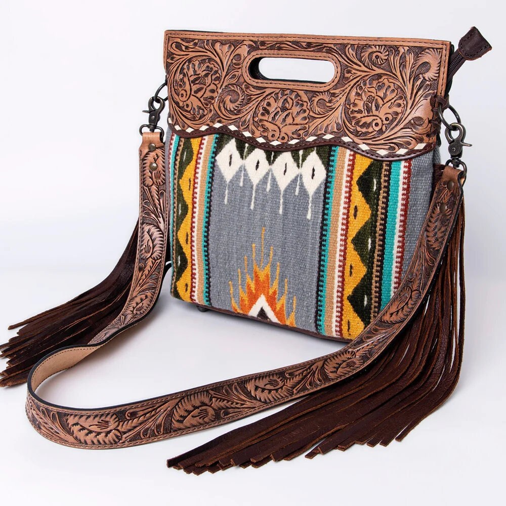 Western Hand Tooled Leather Purse, Cowhide Purse, Concealed Carry Purse, American Darling, Genuine Cowhide, Western Purse, Leather Fringe