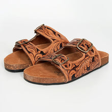 Load image into Gallery viewer, Leather Sandals, Slip On Women Leather Sandals, Hand Tooled Leather Sandals, Strappy Leather Sandals, Buckle Strap Leather Sandals
