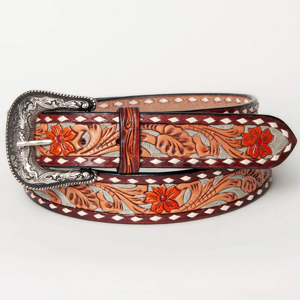 Womens Western Hand Tooled Leather Belt, Rodeo Belt, Embossed Leather Belt, Western Belt, Cowboy Belt, Cowgirl Belt, Studded Handmade Belt