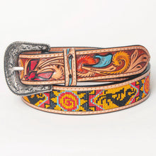 Load image into Gallery viewer, Womens Western Hand Tooled Leather Belt, Rodeo Belt, Embossed Leather Belt, Western Belt, Cowboy Belt, Cowgirl Belt, Beaded Handmade Belt
