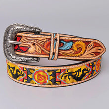 Load image into Gallery viewer, Womens Western Hand Tooled Leather Belt, Rodeo Belt, Embossed Leather Belt, Western Belt, Cowboy Belt, Cowgirl Belt, Beaded Handmade Belt
