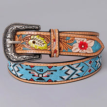 Load image into Gallery viewer, Womens Western Hand Tooled Leather Belt, Rodeo Belt, Embossed Leather Belt, Western Belt, Cowboy Belt, Cowgirl Belt, Beaded Handmade Belt
