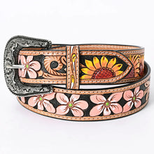 Load image into Gallery viewer, Womens Western Hand Tooled Leather Belt, Rodeo Belt, Embossed Leather Belt, Western Belt, Cowboy Belt, Cowgirl Belt, Studded Handmade Belt
