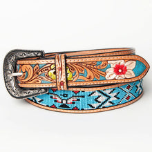 Load image into Gallery viewer, Womens Western Hand Tooled Leather Belt, Rodeo Belt, Embossed Leather Belt, Western Belt, Cowboy Belt, Cowgirl Belt, Beaded Handmade Belt
