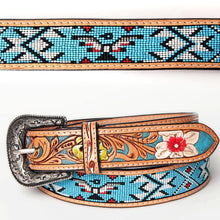 Load image into Gallery viewer, Womens Western Hand Tooled Leather Belt, Rodeo Belt, Embossed Leather Belt, Western Belt, Cowboy Belt, Cowgirl Belt, Beaded Handmade Belt
