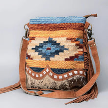 Load image into Gallery viewer, Western Purse, Cowhide Purse, Hand Tooled Leather Purse, Cowhide Purse, Canvas Purse, Saddle Blanket, Leather Fringe
