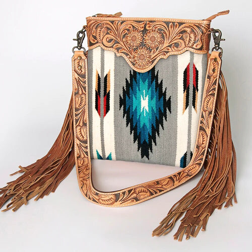 Western Hand Tooled Leather Purse, Cowhide Purse Crossbody bag, Saddle Blanket Bag, Genuine Cowhide, Western Purse, Leather Fringe