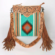 Load image into Gallery viewer, Western Hand Tooled Leather Purse, Cowhide Purse Crossbody bag, Saddle Blanket Bag, Genuine Cowhide, Western Purse, Leather Fringe
