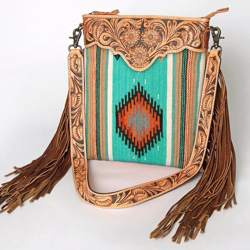 Western Hand Tooled Leather Purse, Cowhide Purse Crossbody bag, Saddle Blanket Bag, Genuine Cowhide, Western Purse, Leather Fringe