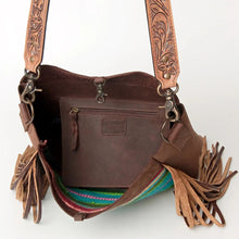 Load image into Gallery viewer, Western Hand Tooled Leather Purse, Cowhide Purse Crossbody bag, Saddle Blanket Bag, Genuine Cowhide, Western Purse, Leather Fringe
