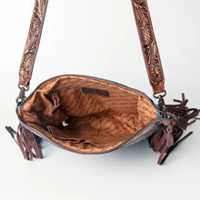 Load image into Gallery viewer, Western Hand Tooled Leather Purse, Cowhide Purse Crossbody bag, Saddle Blanket Bag, Genuine Cowhide, Western Purse, Leather Fringe
