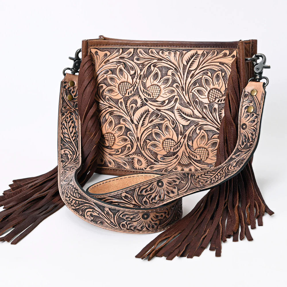 Western Hand Tooled Leather Purse, Cowhide Purse, Concealed Carry Purse, American Darling, Genuine Cowhide, Western Purse, Leather Fringe