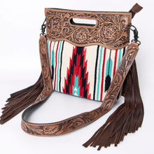 Load image into Gallery viewer, Western Hand Tooled Leather Purse, Cowhide Purse Crossbody bag, Saddle Blanket Bag, Genuine Cowhide, Western Purse, Leather Fringe
