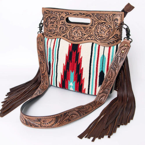 Western Hand Tooled Leather Purse, Cowhide Purse Crossbody bag, Saddle Blanket Bag, Genuine Cowhide, Western Purse, Leather Fringe