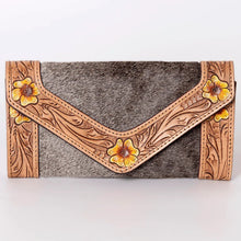 Load image into Gallery viewer, Western Hand Tooled Leather Wallet, Hair On Cowhide Clutch, American Darling Genuine Leather Wallet, Sunflower Leather Wallet
