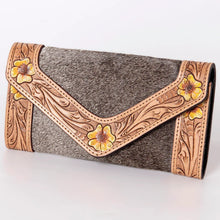 Load image into Gallery viewer, Western Hand Tooled Leather Wallet, Hair On Cowhide Clutch, American Darling Genuine Leather Wallet, Sunflower Leather Wallet
