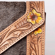 Load image into Gallery viewer, Western Hand Tooled Leather Wallet, Hair On Cowhide Clutch, American Darling Genuine Leather Wallet, Sunflower Leather Wallet
