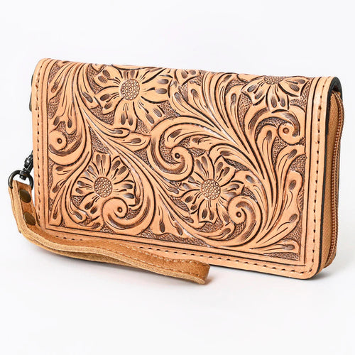 Western Hand Tooled Leather Wallet Purse, Western Buck Stitch Wallet, Leather Wristlet, Genuine Leather Bag, Genuine Cowhide Bag