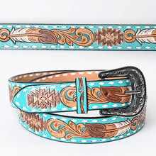 Load image into Gallery viewer, Womens Western Hand Tooled Leather Belt, Rodeo Belt, Embossed Leather Belt, Western Belt, Cowboy Belt, Cowgirl Belt, Beaded Handmade Belt
