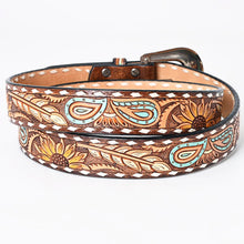 Load image into Gallery viewer, Womens Western Hand Tooled Leather Belt, Rodeo Belt, Embossed Leather Belt, Western Belt, Cowboy Belt, Cowgirl Belt, Beaded Handmade Belt
