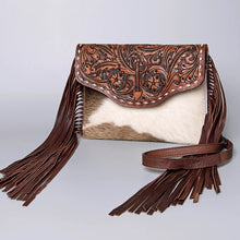 Load image into Gallery viewer, Western Leather Purse, Western Purse, Cowhide Hair On Purse,  Genuine Cowhide handbag, Sunflower leather Fringe Purse
