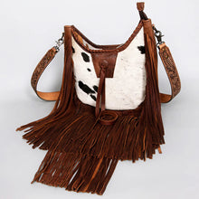 Load image into Gallery viewer, Western Leather Purse, Concealed Carry Purse, Crossbody With Leather Fringe, Hair On Cowhide American Darling Purse, Western Crossbody Purse
