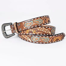 Load image into Gallery viewer, Womens Western Hand Tooled Leather Belt, Rodeo Belt, Embossed Leather Belt, Western Belt, Cowboy Belt, Cowgirl Belt, Beaded Handmade Belt
