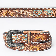 Load image into Gallery viewer, Womens Western Hand Tooled Leather Belt, Rodeo Belt, Embossed Leather Belt, Western Belt, Cowboy Belt, Cowgirl Belt, Beaded Handmade Belt
