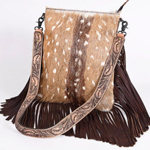 Load image into Gallery viewer, Western Purse, Hand Tooled Leather Purse, Hair On Purse, Cowhide Purse, Genuine Leather Purse, Western Crossbody Purse, Leather Fringe
