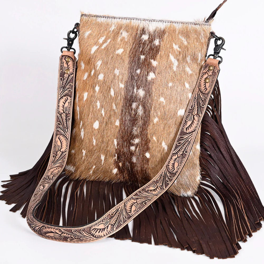 Western Purse, Hand Tooled Leather Purse, Hair On Purse, Cowhide Purse, Genuine Leather Purse, Western Crossbody Purse, Leather Fringe