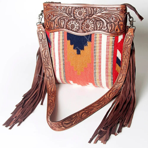 Western Hand Tooled Leather Purse, Cowhide Purse Crossbody Bag, Saddle Blanket Bag, Genuine Cowhide, Western Purse, Leather Fringe