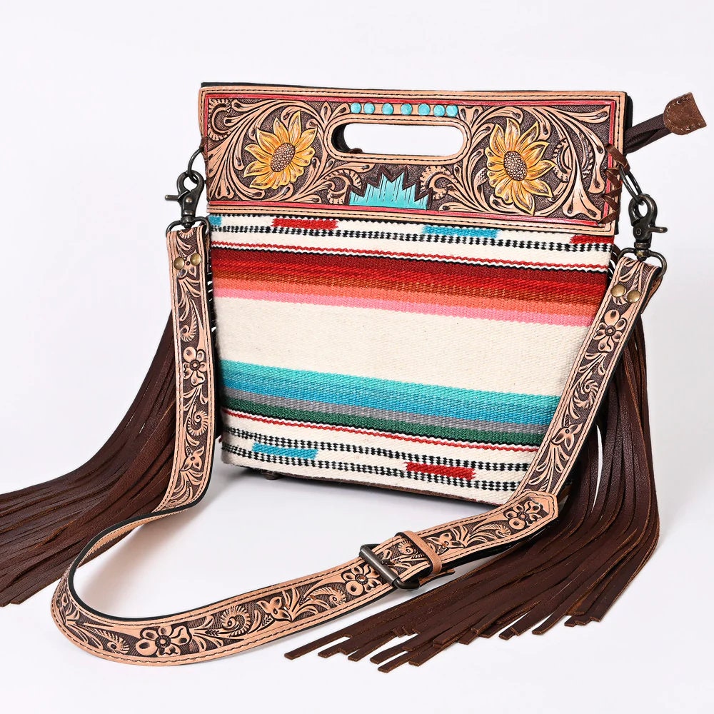 Western Hand Tooled Leather Purse, Concealed Carry Purse, Cowhide Purse, Saddle Blanket, Genuine Cowhide, Leather Fringe