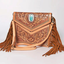 Load image into Gallery viewer, Western Hand Tooled Leather Crossbody Purse, Leather Clutch, Cowhide Purse, Leather Crossbody Handbag, Genuine Leather Fringe Purse
