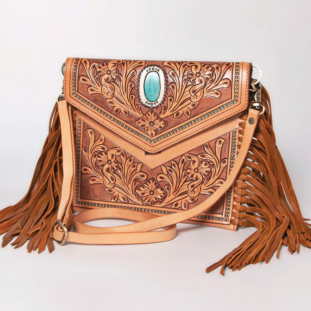 Western Hand Tooled Leather Crossbody Purse, Leather Clutch, Cowhide Purse, Leather Crossbody Handbag, Genuine Leather Fringe Purse