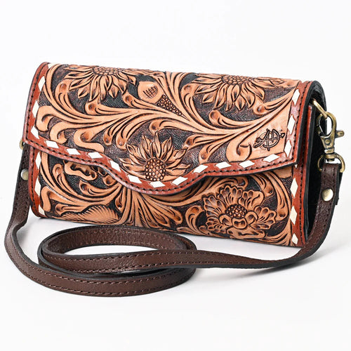 Western Hand Tooled Leather Wallet, Leather Clutch Purse, Cowhide Purse, Leather Crossbody Wallet, Genuine Cowhide Western Wallet