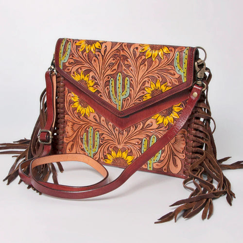 Western Hand Tooled Leather Crossbody Purse, Leather Clutch, Cowhide Purse, Leather Crossbody Handbag, Genuine Leather Fringe Purse