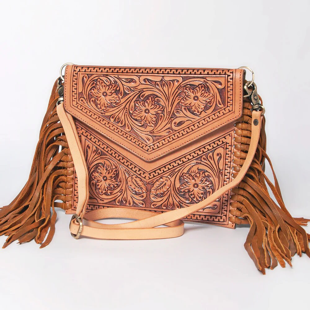 Western Hand Tooled Leather Crossbody Purse, Leather Clutch, Cowhide Purse, Leather Crossbody Handbag, Genuine Leather Fringe Purse