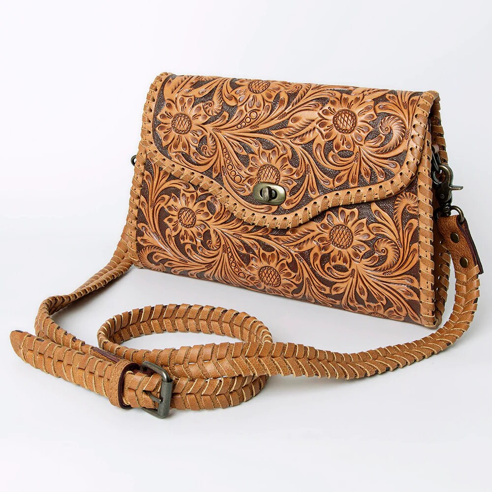 Western Hand Tooled Leather Crossbody Purse, Leather Clutch, Cowhide Purse, Leather Crossbody Handbag, Genuine Leather Purse