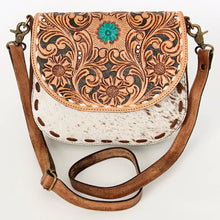Load image into Gallery viewer, Western Hand Tooled Leather Purse, Leather Crossbody Purse, Genuine Cowhide Leather Purse, Western Style Handbag, Hair On Cowhide Purse
